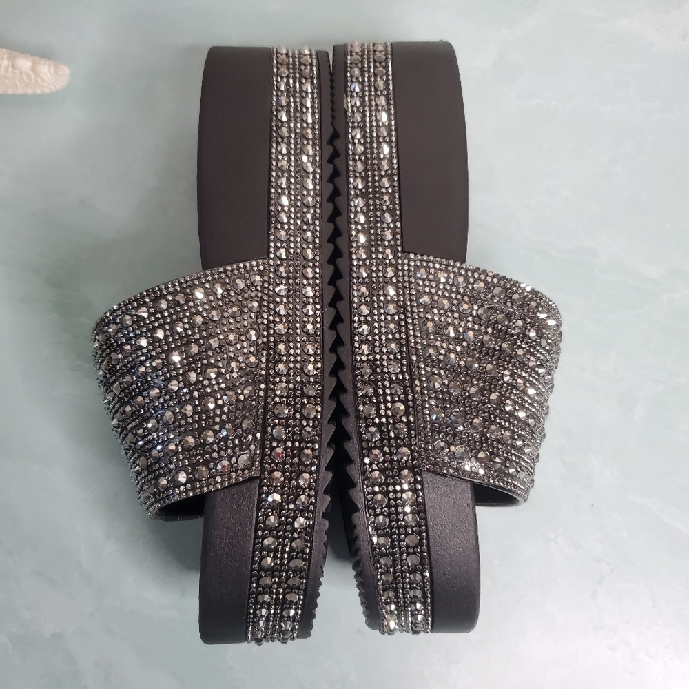 New! Black Rhinestone Wedge Slides - Picture 6 of 8